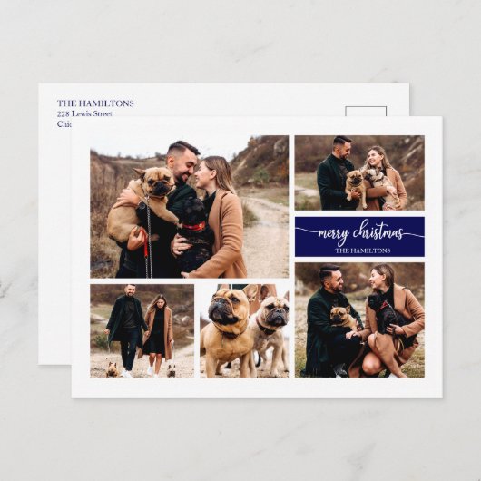 5 foto's Collage Chic Script Vrolijk Kerstblauw Briefkaart (Voorkant / Achterkant)