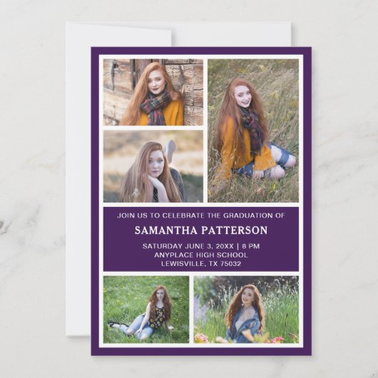 5 Fotos Collage Paars & Wit Afstuderen Kaart (Voorkant)