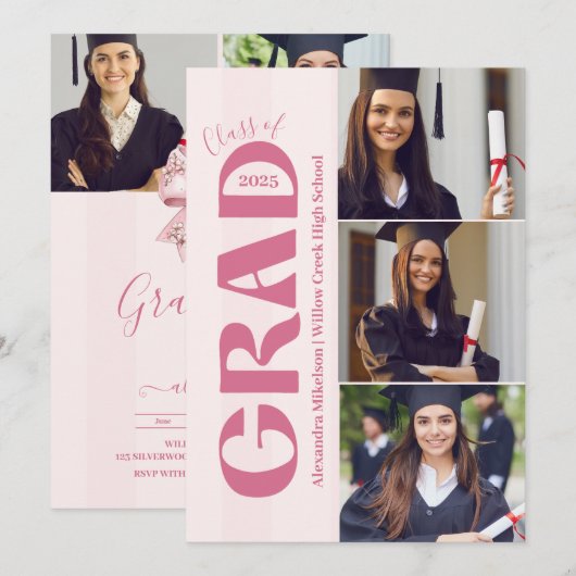 5 Foto's Coquette Blush Bow Graduation Party Kaart (Voorkant / Achterkant)