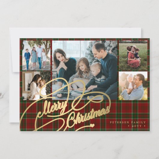5 foto's Merry Kerstelegant script red plaid Feestdagenkaart (Voorkant)