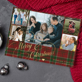 5 foto's Merry Kerstelegant script red plaid Feestdagenkaart