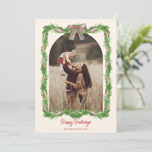 5 foto's plaid boog rustieke kerst Foto Feestdagenkaart (Staand voorkant)