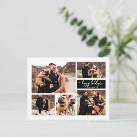 5 Foto's Prettige feestdagen Modern Collage Black Briefkaart (Staand voorkant)