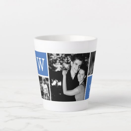 5-Fotosjabloon blauw monogram Latte Mok (Voorkant)