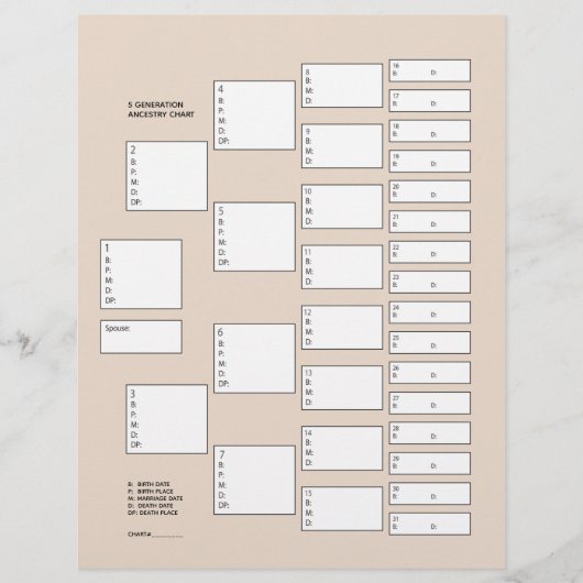 5 Generation Genealogie Pedigree Paper Sheet (Voorkant)