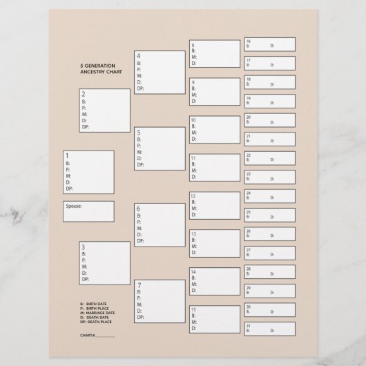 5 Generation Genealogie Pedigree Paper Sheet (Achterkant)