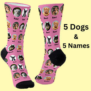 5 Honden, 5 Namen, Dog Foto - Aangepast roze Sokken