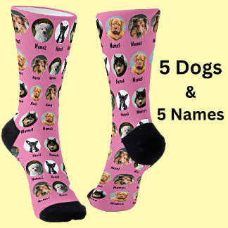 5 Honden, 5 Namen, Dog Foto - Aangepast roze Sokken