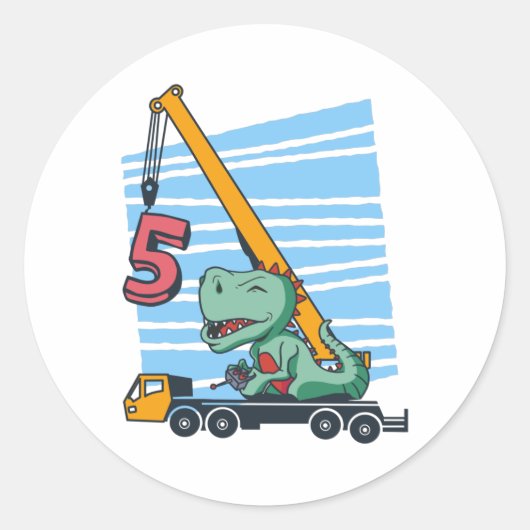5 jaar 5th Birthday Mobile Crane Dinosaur Ronde Sticker (Voorkant)