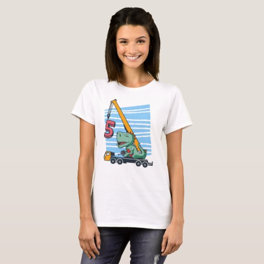 5 jaar 5th Birthday Mobile Crane Dinosaur T-shirt (Voorkant volledig)