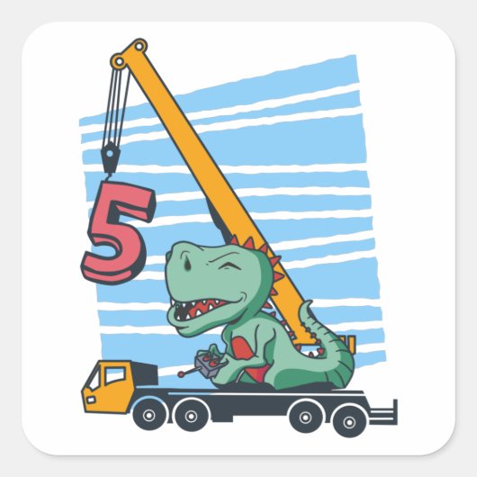 5 jaar 5th Birthday Mobile Crane Dinosaur Vierkante Sticker (Voorkant)