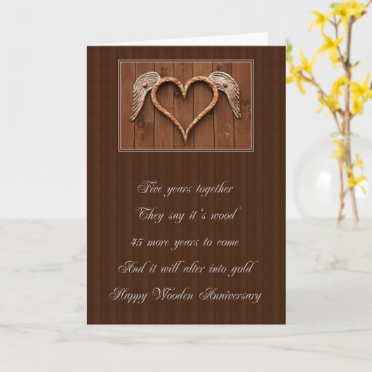 5 jaar Houten Hart Jubileum Kaart (Gele Bloem)