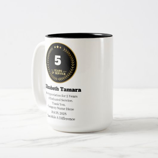 5 jaar Jubileum van werkzaamheden | Personeelswaar Tweekleurige Koffiemok (Voorkant links)