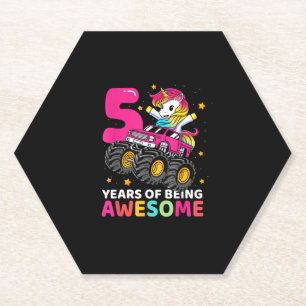 5 Jaar Oud Eenhoorn Riding Monster Truck 5e Geboor Kartonnen Onderzetters