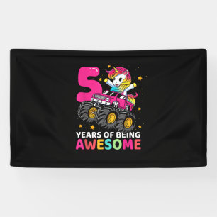 5 Jaar Oud Eenhoorn Riding Monster Truck 5e Geboor Spandoek