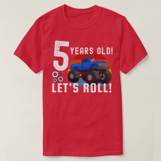 5 jaar oud Lets Roll Blue Monster Truck T-shirt (Design voorkant)