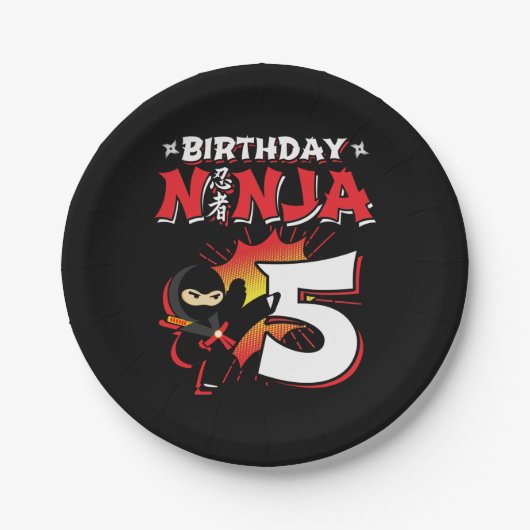 5 jaar oud stripboek stijl ninja 5e verjaardag papieren bordje (Voorkant)