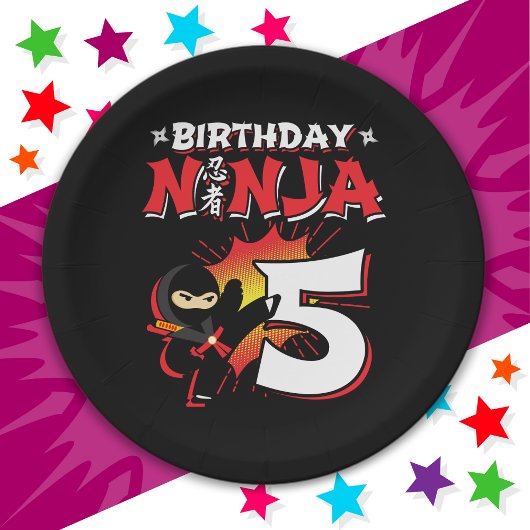5 jaar oud stripboek stijl ninja 5e verjaardag papieren bordje