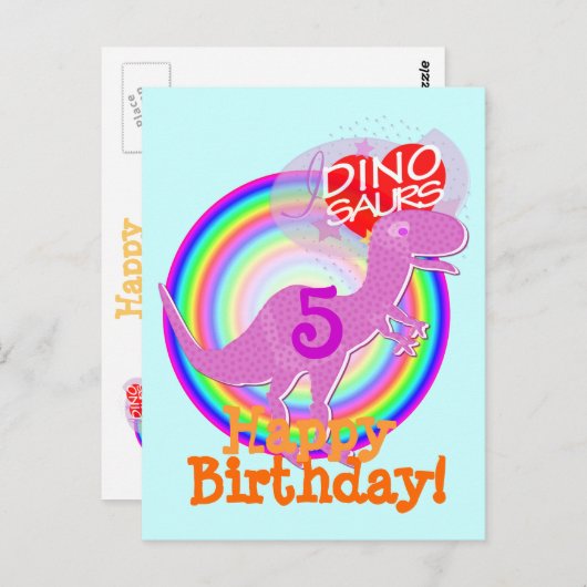 5 jaar Paarse T-Rex Dino Briefkaart (Voorkant / Achterkant)