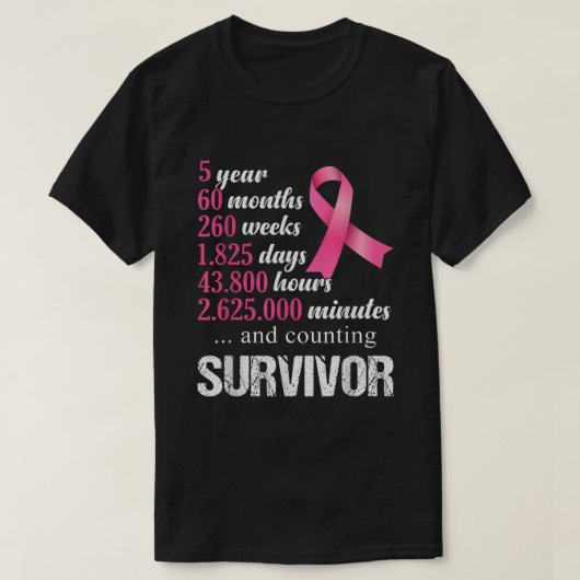 5 jaar Survivor borstkanker roze ribbo T-shirt (Design voorkant)
