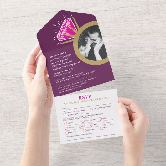 5-jarig jubileum Pink Tourmaline diner menu RSVP All In One Uitnodiging (Afscheurbaar)