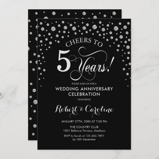 5-jarig jubileumfeest - Zilver Zwart Kaart (Voorkant / Achterkant)