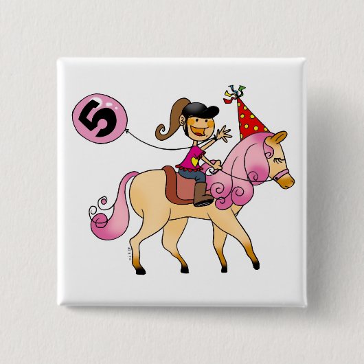 5-jarig meisje op een pony vierkante button 5,1 cm (Voorkant)