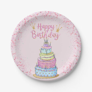 5 Layer Modern Girly Birthday Cake en Confetti Papieren Bordje