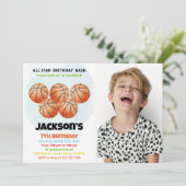 5 Oranje Basketball Birthday Uitnodigingen met fot (Staand voorkant)