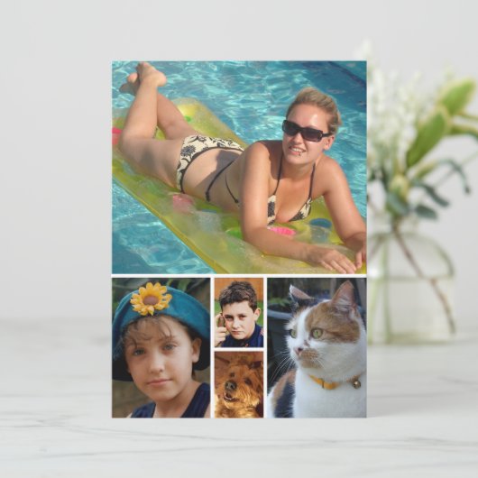 5 photo add message purple text flat note card bedankkaart (Staand voorkant)