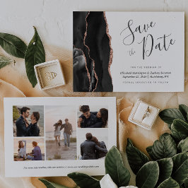 5-Photo Black Roos Gold Agate Save the Date Kaart