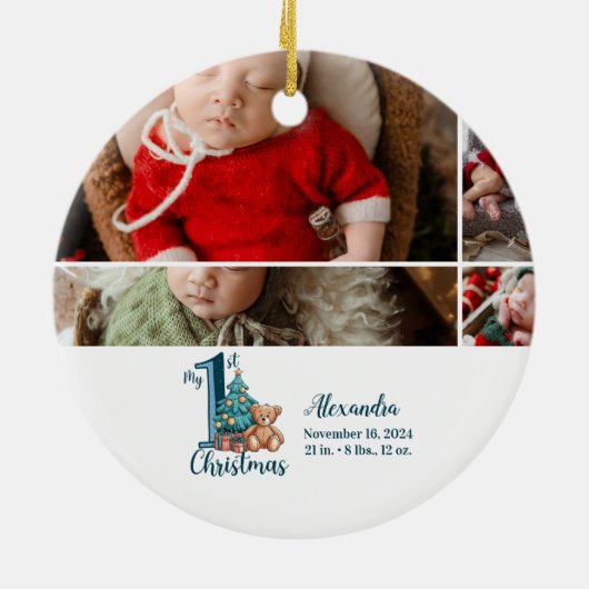 5 Photo Blue Teddy Baby 1st Christmas Keramisch Ornament (Achterkant)