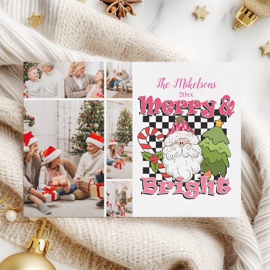 5 Photo Checkered Merry & Bright Christmas Feestdagenkaart