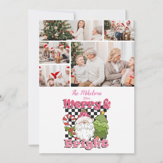 5 Photo Checkered Merry & Bright Christmas Feestdagenkaart (Voorkant)