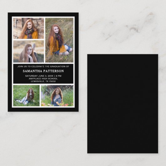 5 Photo Collage Black & White Afstuderen Ceremony Notitiekaartje (Voorkant / Achterkant)