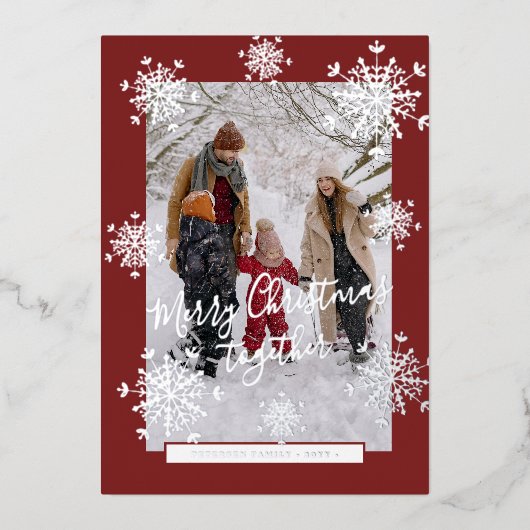 5 photo collage Merry Christmas silver snowflakes  Folie Feestdagenkaart (Voorkant)