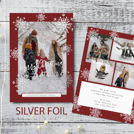 5 photo collage Merry Christmas silver snowflakes  Folie Feestdagenkaart