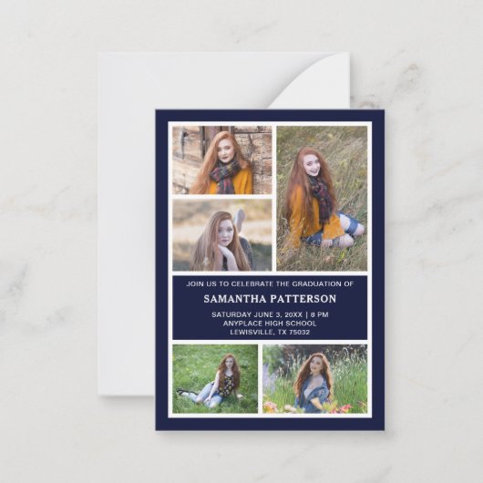 5 Photo Collage Navy & White Afstuderen Ceremony Notitiekaartje (Voorkant)