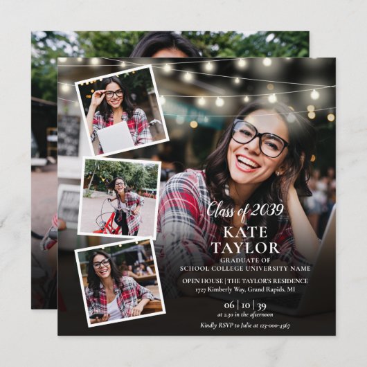 5 Photo Collage String Lights Afstudeerfeest Kaart (Voorkant / Achterkant)