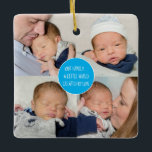 5 Photo Family A Little World Created By Love Blue Keramisch Ornament<br><div class="desc">A lovely keepsake and gift with its collof 4 square foto's on the front, and the inspiring quote Our Family A Little World Created By Love in the center within a blue circle. On the back, a single square crop fotografs the whole space with your names at the bottom overlaid...</div>