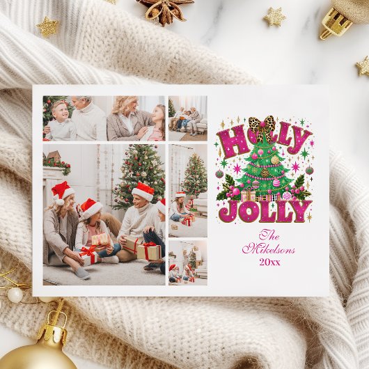 5 Photo Glitter Leopard Bow Holly Jolly Feestdagenkaart