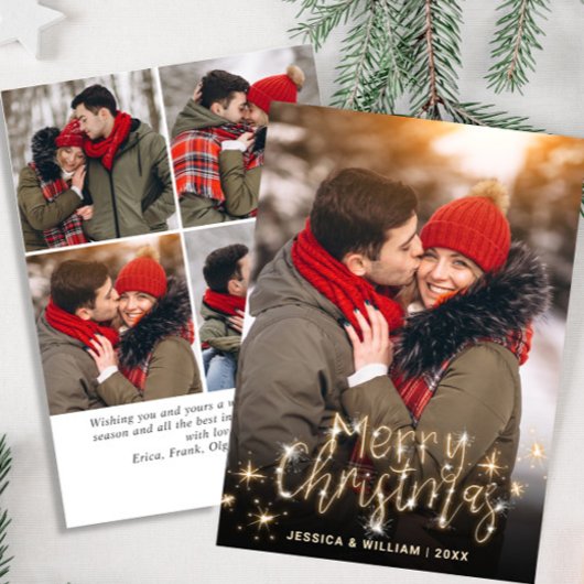 5 PHOTO Merry Kerstmis Gold Sparkle Greep Feestdagenkaart