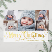 5 PHOTO met kerstcadeautje Gold Foil hoed Folie Feestdagenkaart