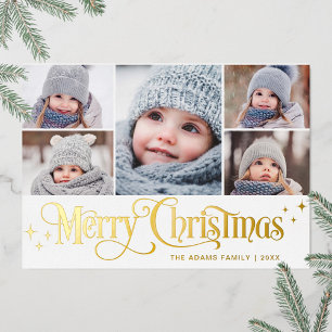 5 PHOTO met kerstcadeautje Gold Foil hoed Folie Feestdagenkaart
