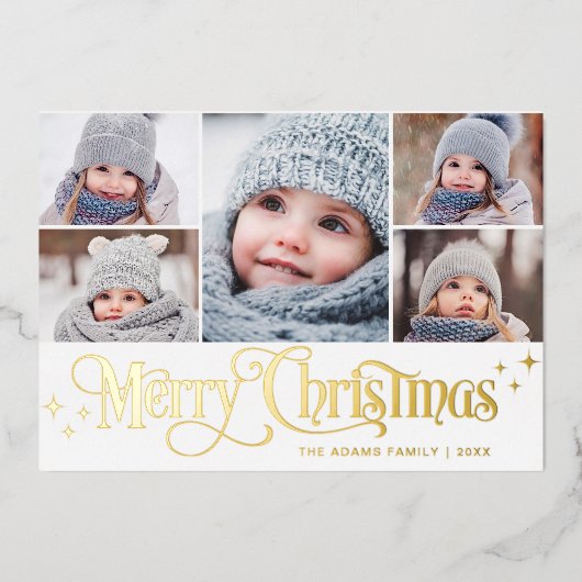 5 PHOTO met kerstcadeautje Gold Foil hoed Folie Feestdagenkaart (Voorkant)