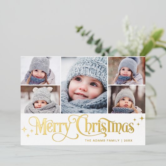 5 PHOTO met kerstcadeautje Gold Foil hoed Folie Feestdagenkaart (Staand Voorkant)
