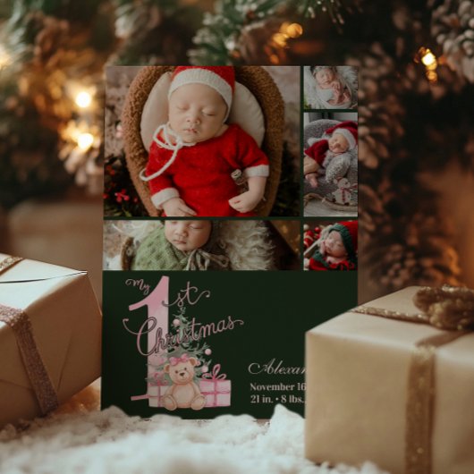5 Photo Pink Green Baby First Christmas Feestdagenkaart