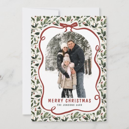 5 Photo Retro Christmas Hand Drawn Red Bow Ribbon Feestdagenkaart (Voorkant)