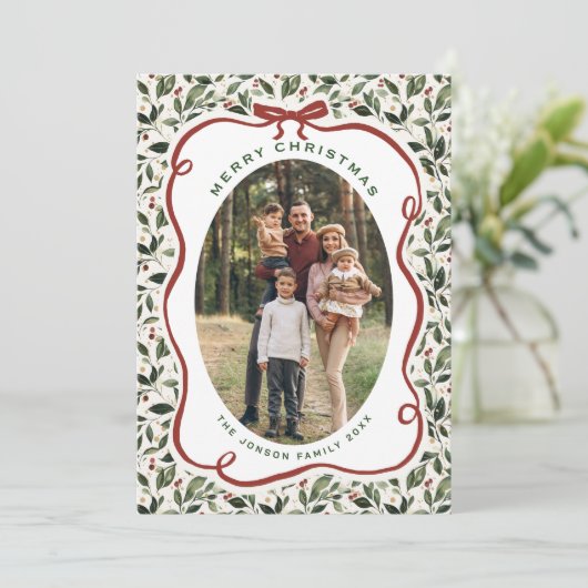 5 Photo Retro Christmas Hand Drawn Red Bow Ribbon Feestdagenkaart (Staand voorkant)