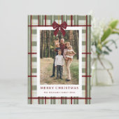 5 Photo Retro Christmas Red Bow Green Plaid Feestdagenkaart (Staand voorkant)